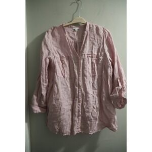 J. Jill Love Linen Pink Button Down Roll Tab Sleeve Shirt 100% Linen Large